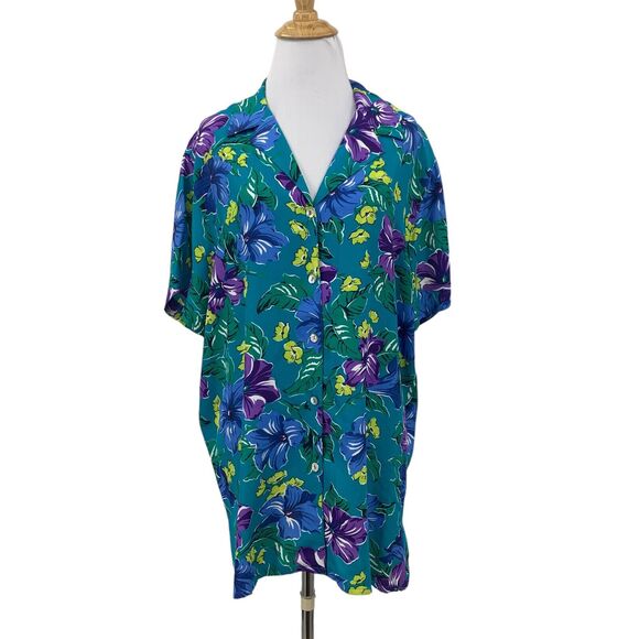 Jones New York Hawaiian Shirt Womens 12 Teal Floral Rayon Short Sleeve Button Up - Picture 1 of 13